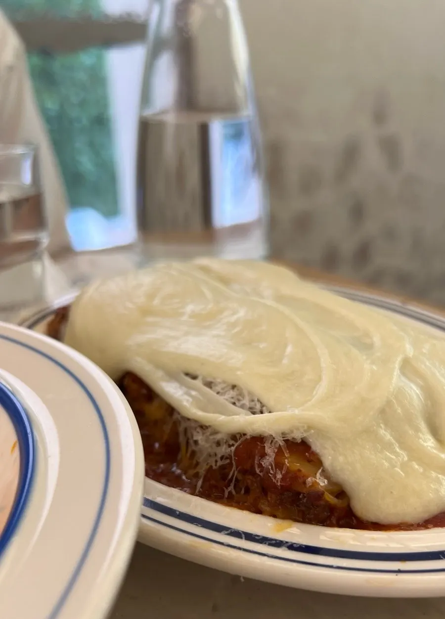 Cross-section of the lasagna showing a thick cheese layer
