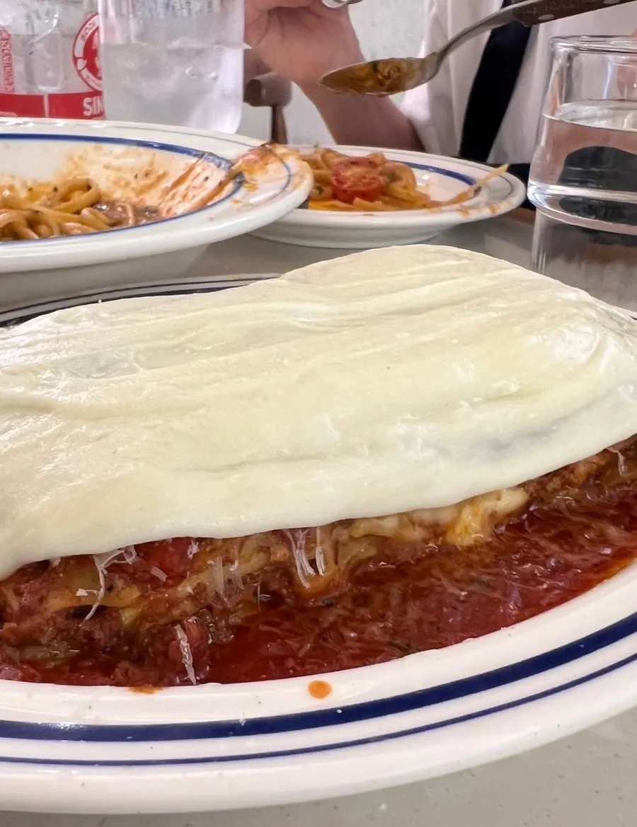 Lasagna looking blanketed under melted cheese