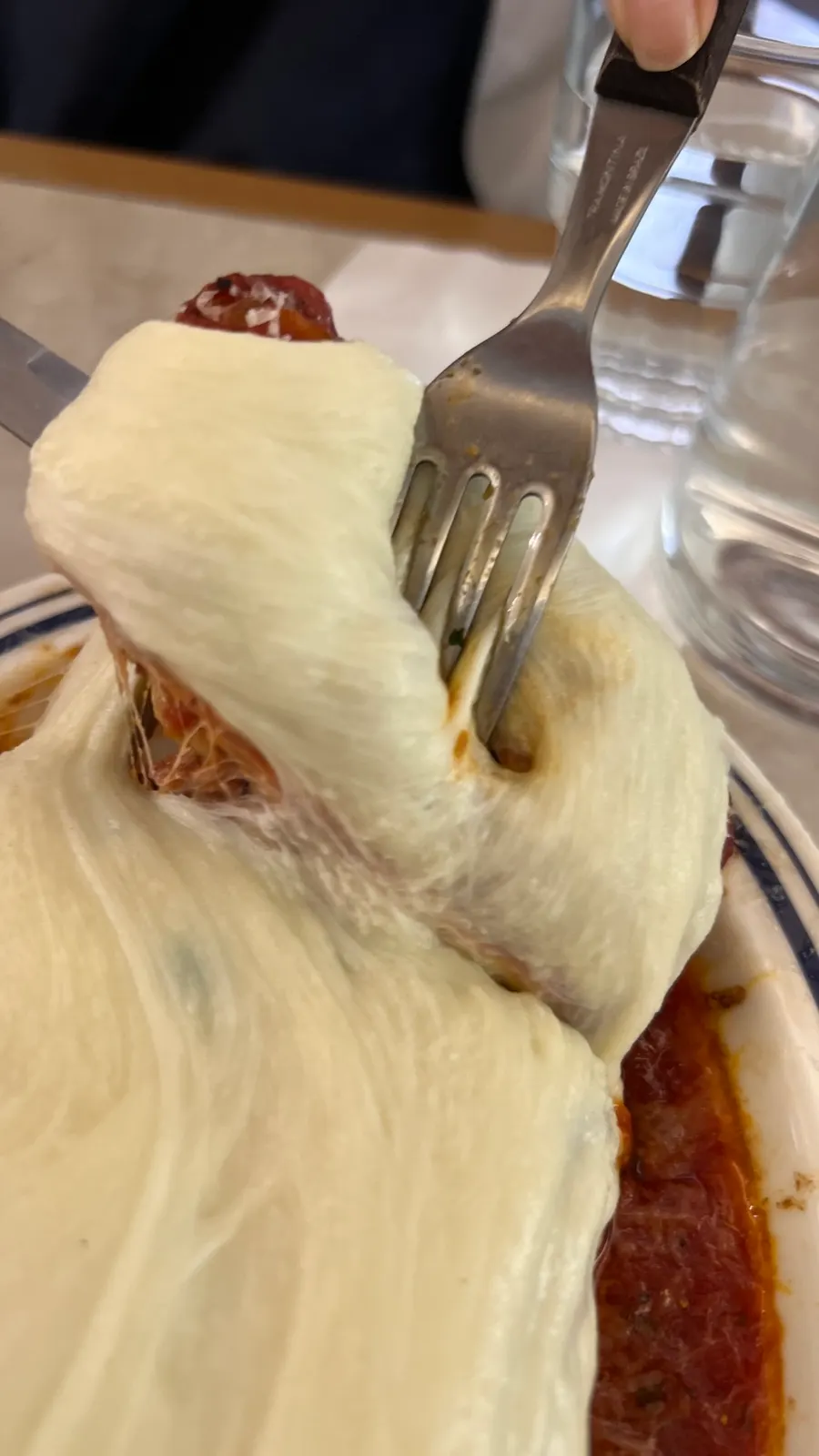 A slightly broken-apart piece of lasagna