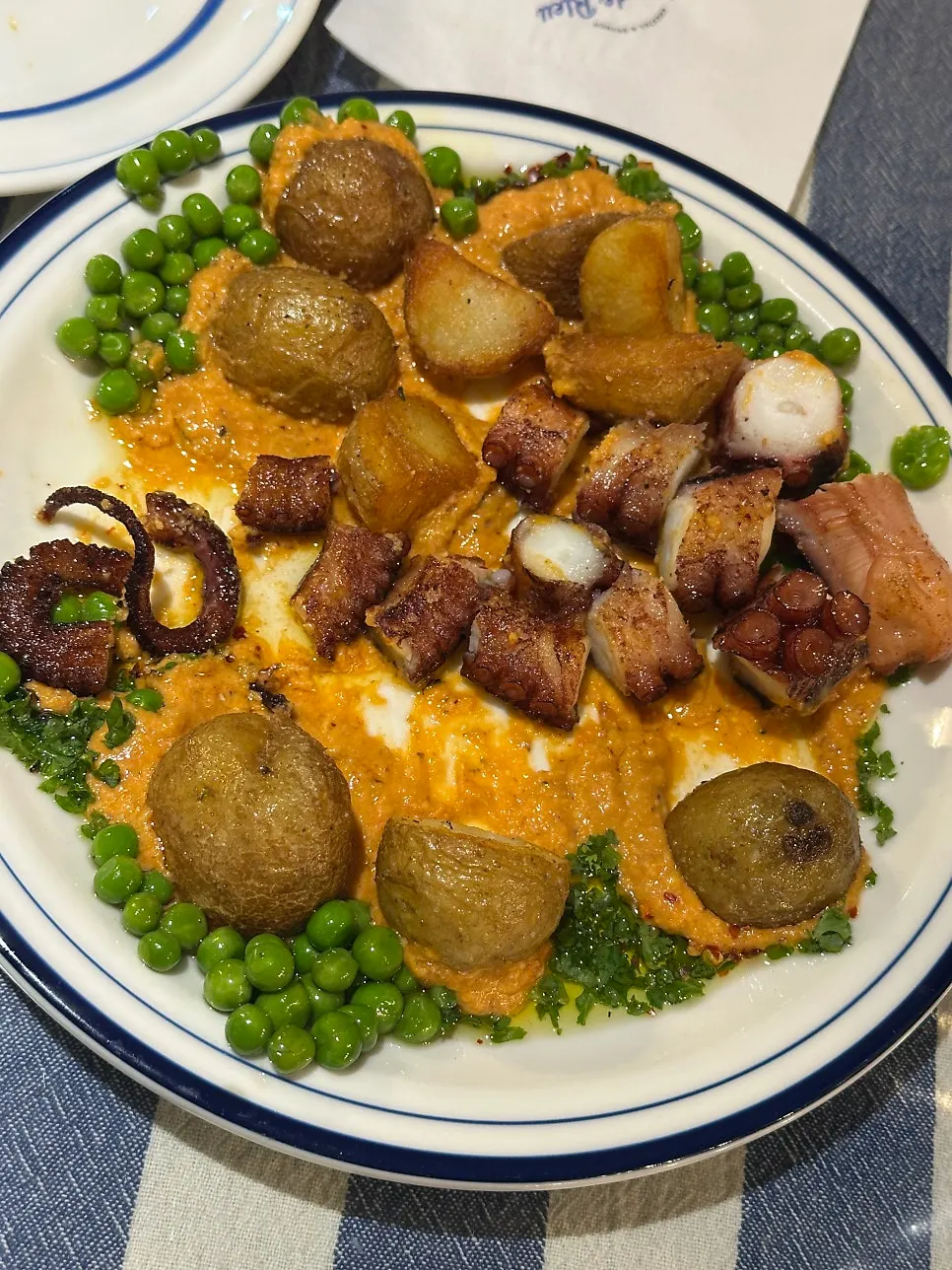 Bean and potato garnish dipped in sauce