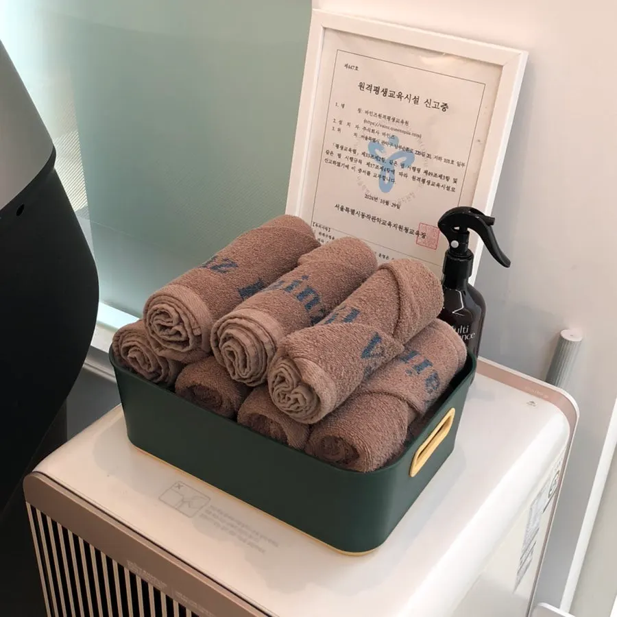 Prep area with socks, towels and water dispenser