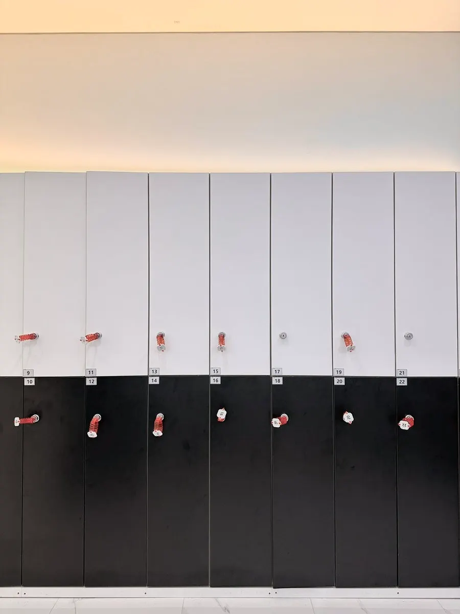 Spacious, well-kept locker room at the Pilates studio