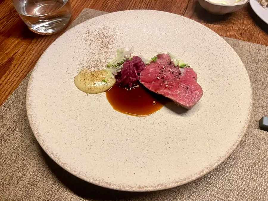 Hanwoo sirloin steak course with black garlic and potato