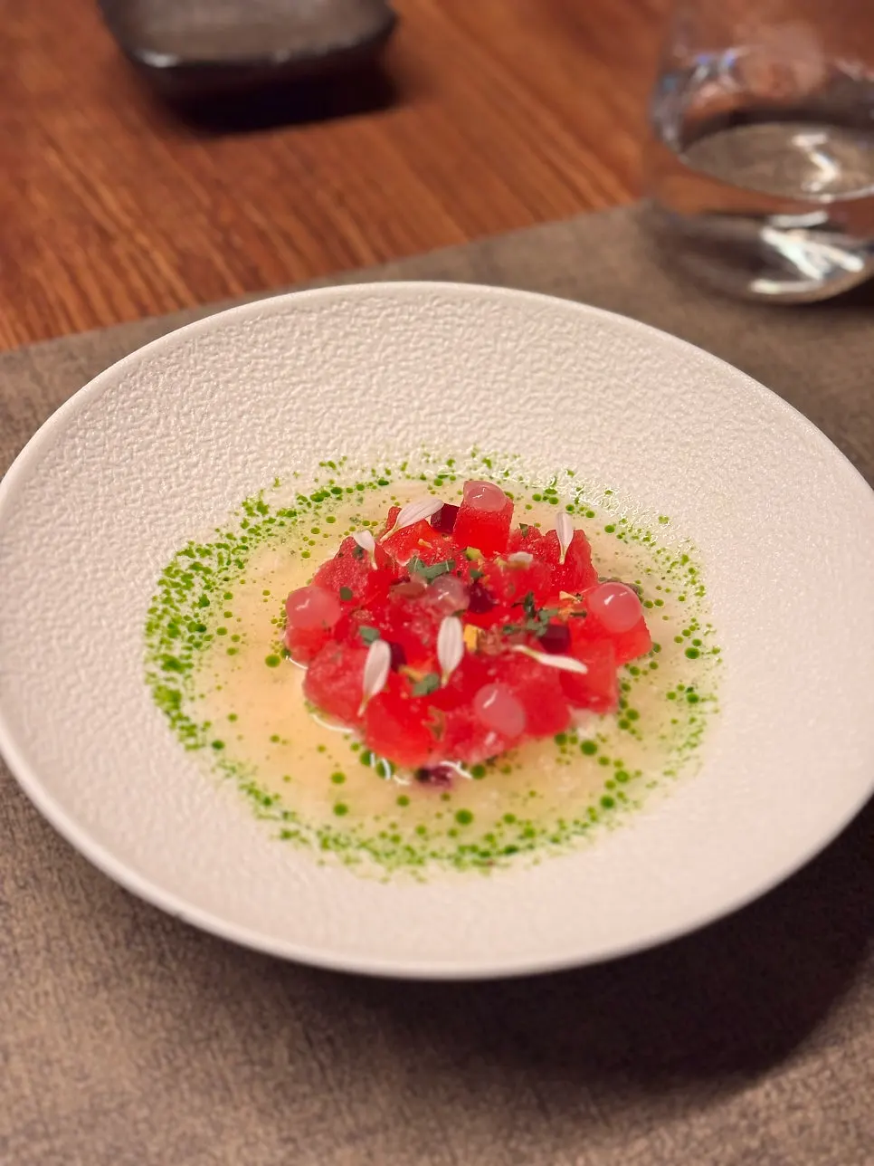 Smoked watermelon and tomato water appetizer