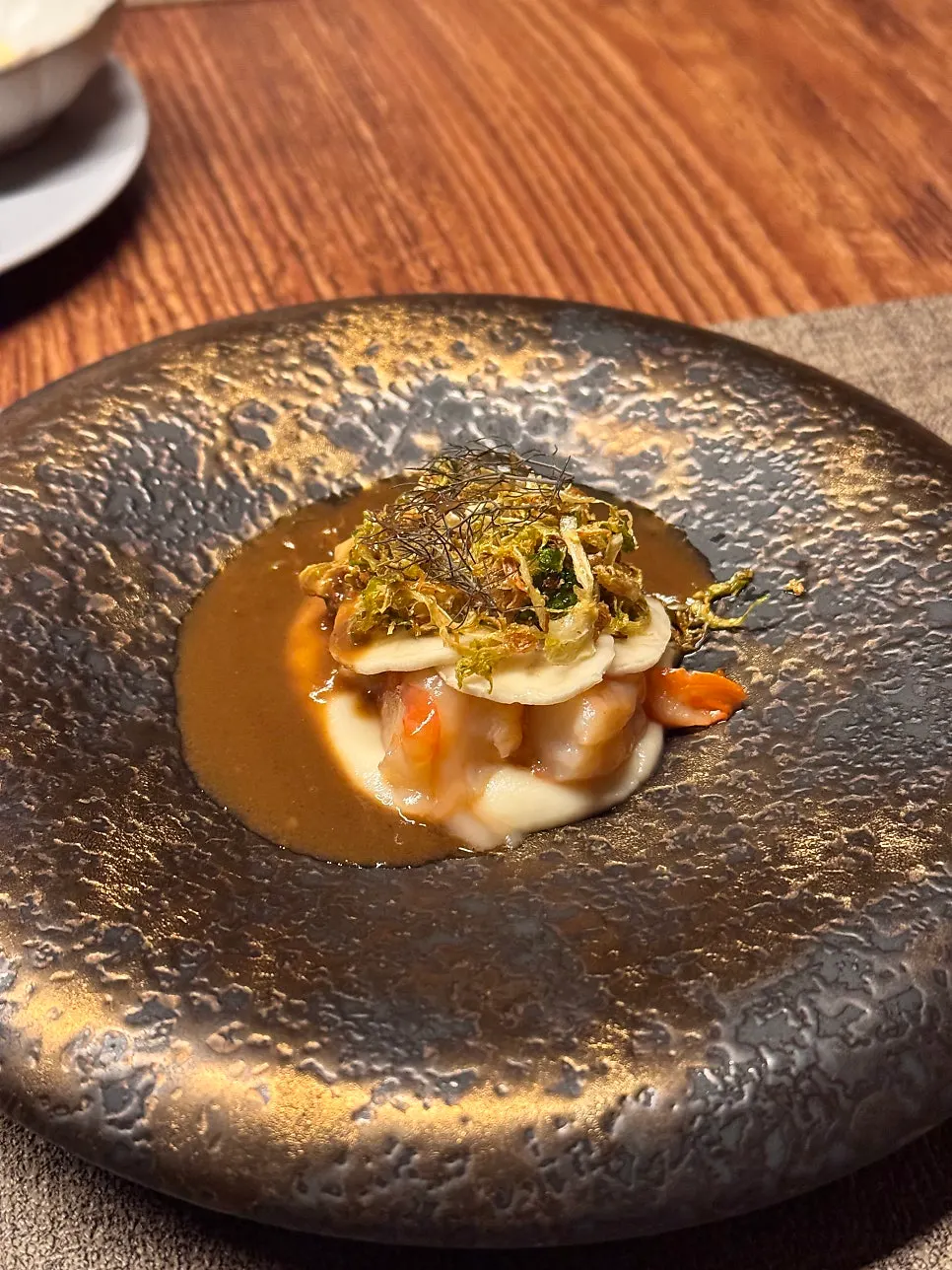 Low-temperature shrimp confit with bisque sauce
