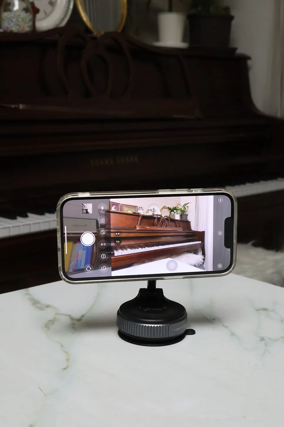 Phone propped up while music is playing