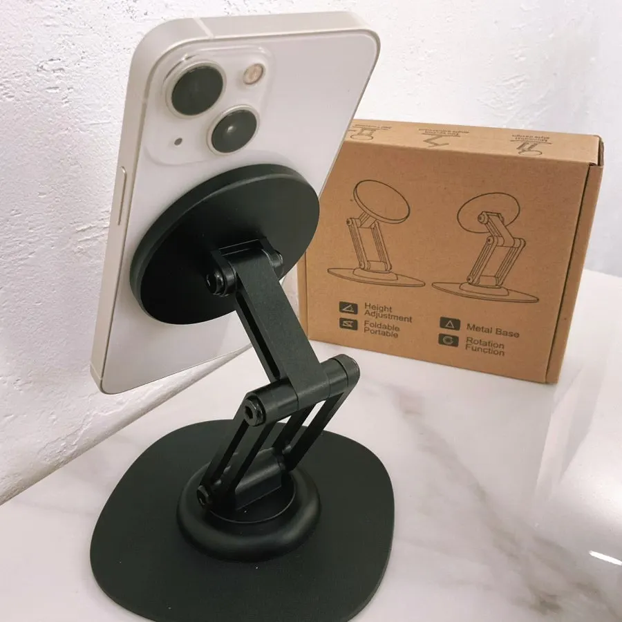 Rotating stand holding an iPhone