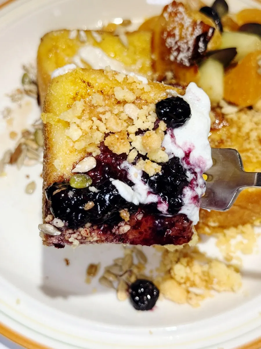 Close-up of French toast loaded with fruit