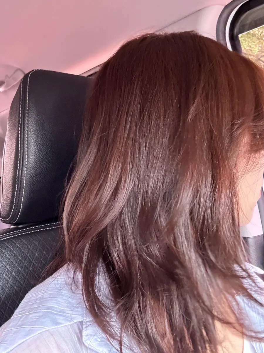 Ash brown hair with grays covered and patchy color evened out