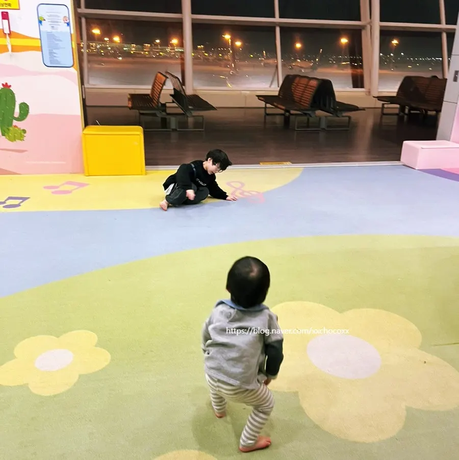 Child visiting the Pororo play area at Incheon Airport before departure
