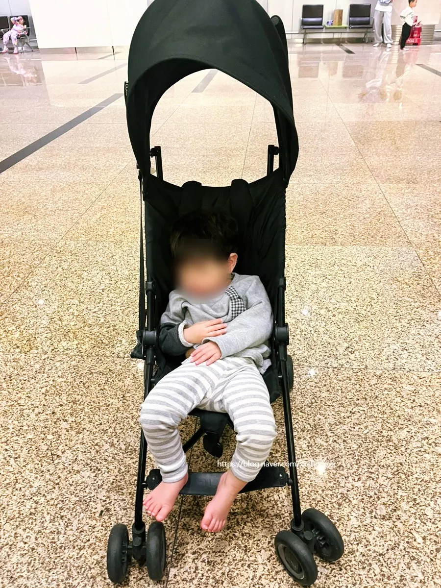 Baby resting in a stroller while waiting for baggage