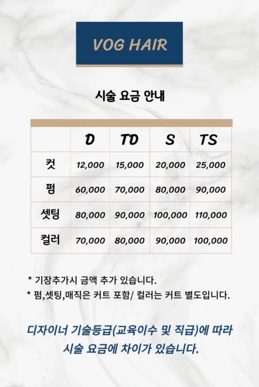 Clinic price list at VOG HAIR Changwon City Seven Branch