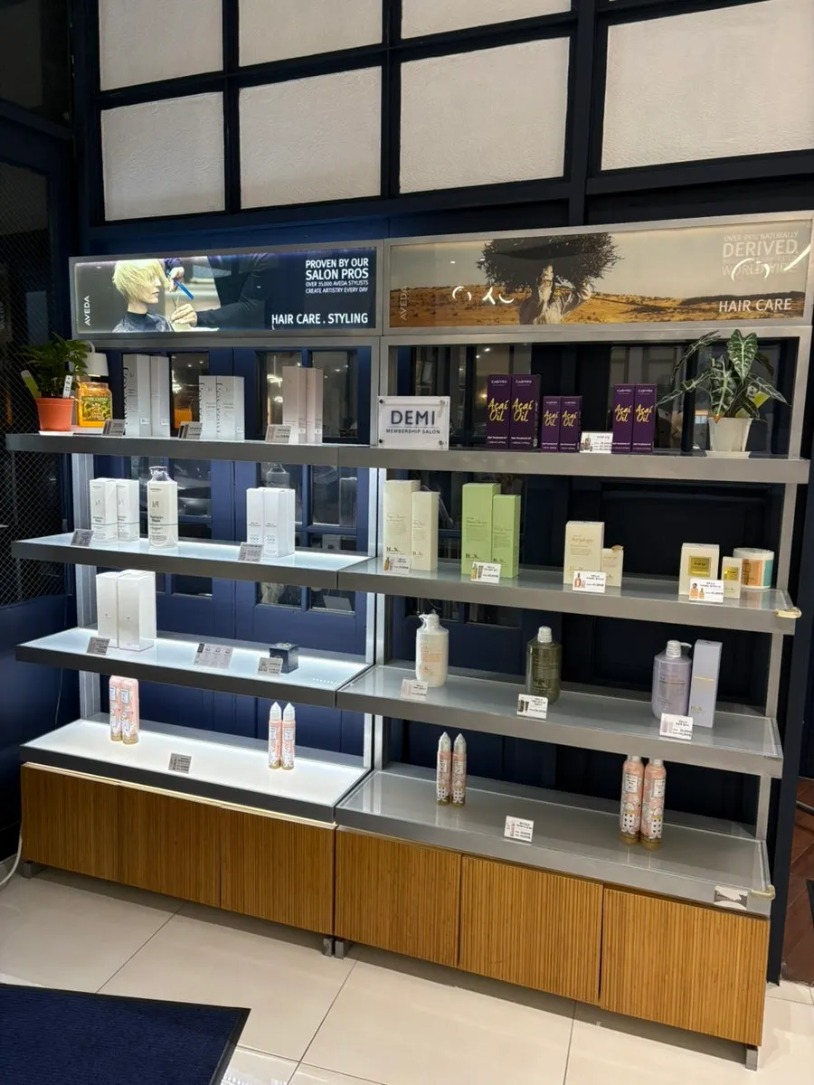 Various hair products displayed for sale in the store