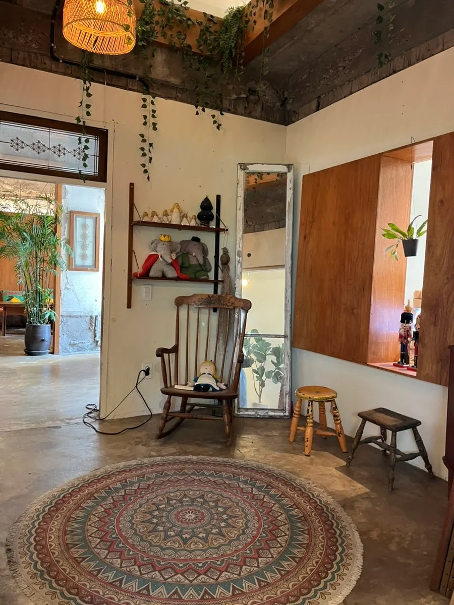 Interior of the café with large and small potted plants