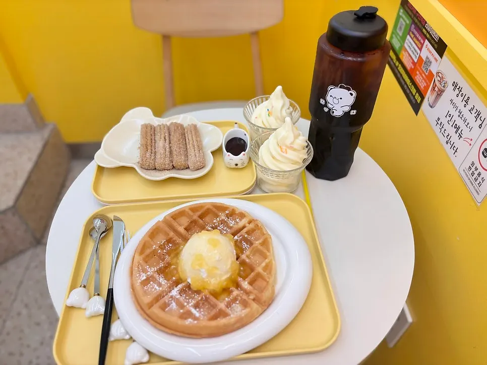 Full spread of coffee and desserts ordered at Ward Coffee