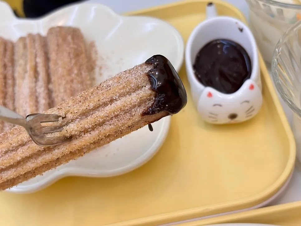 Churros dipped in chocolate sauce