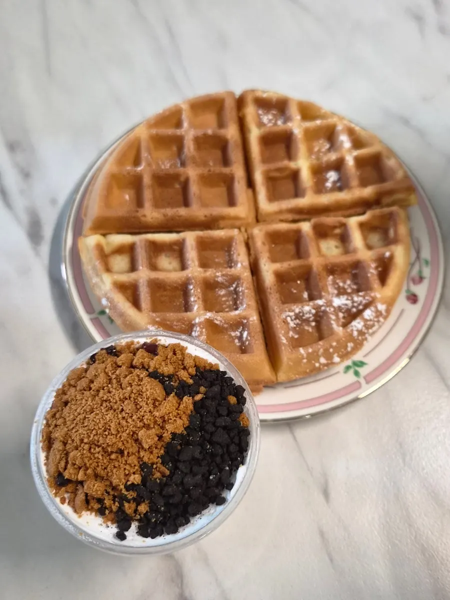 Strawberry choco waffle in its takeout packaging