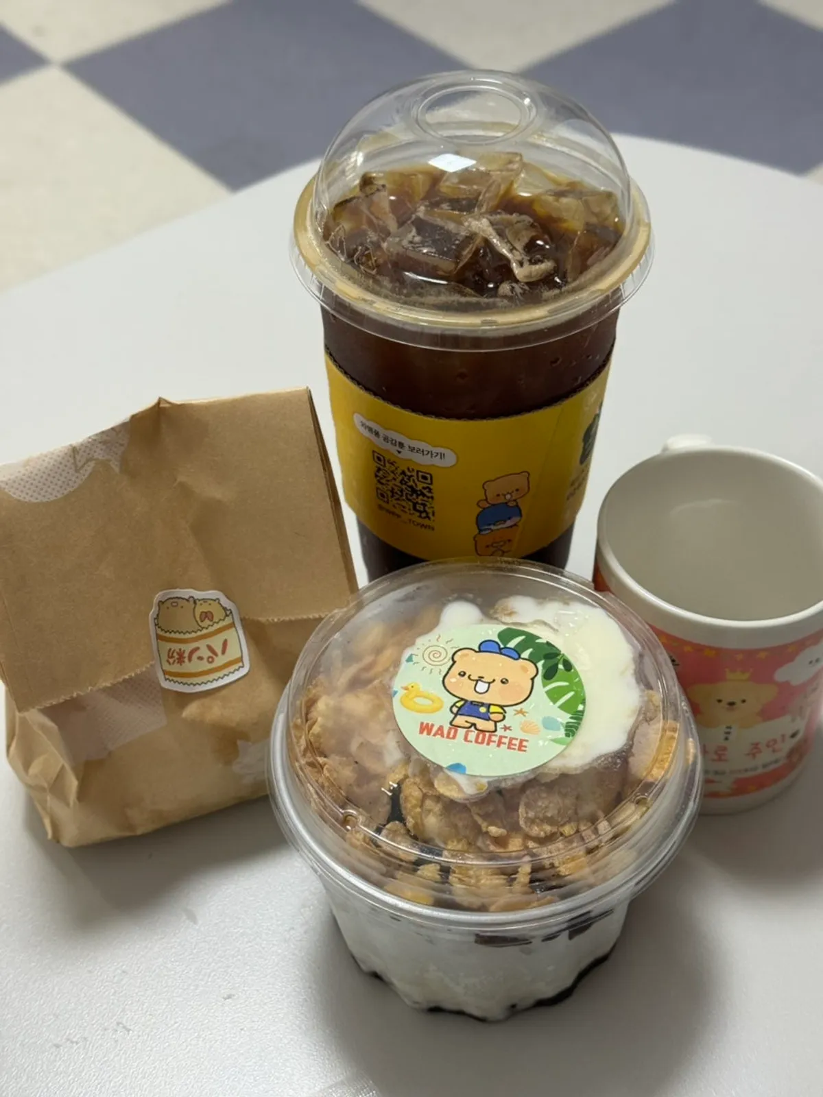 Shaved ice, deli manju, and iced Americano packed to go