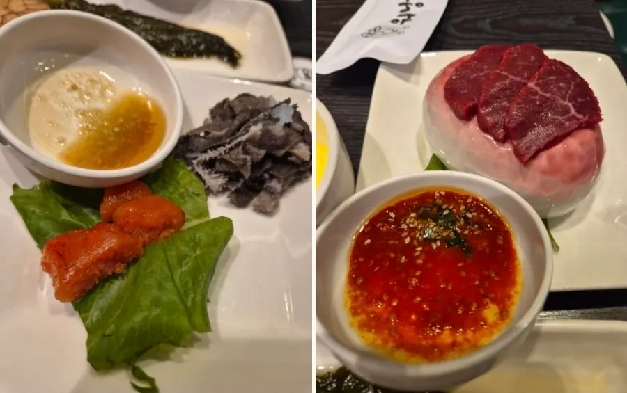 양념게장과 육사시미, 천엽, 명란이 놓인 밑반찬