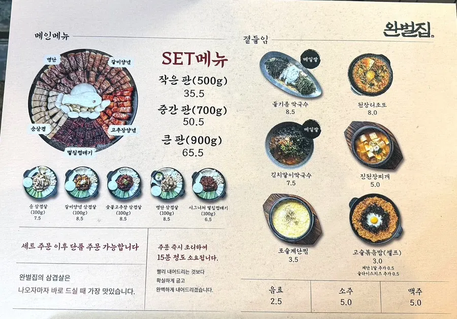 Price chart for Wanbeoljip's small, medium, and large set menus