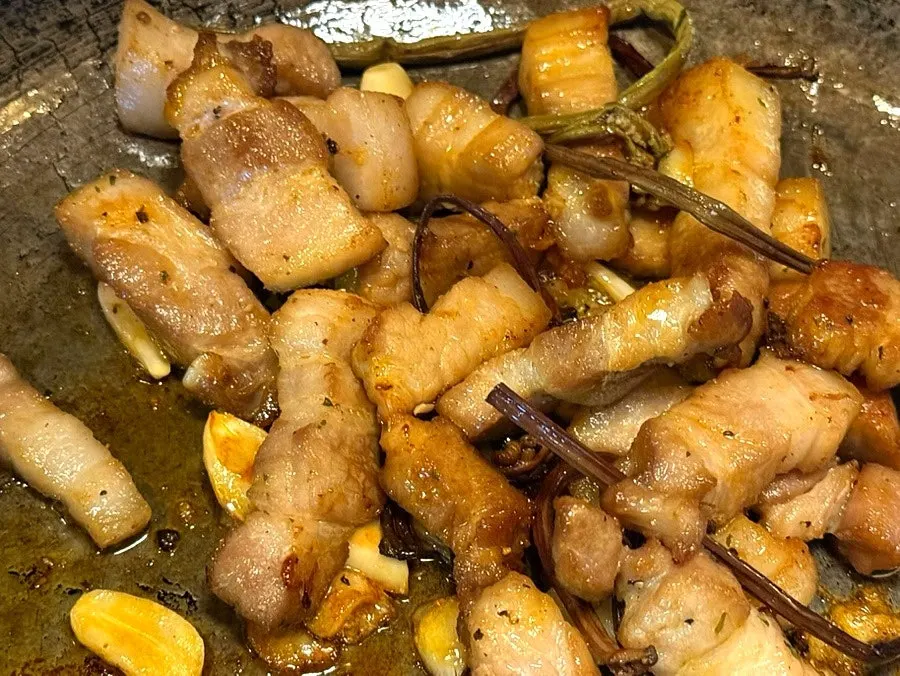 Close-up of grilled aged pork belly