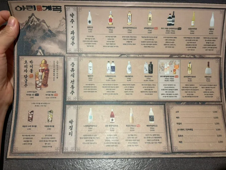Ari Gyegok traditional alcohol menu