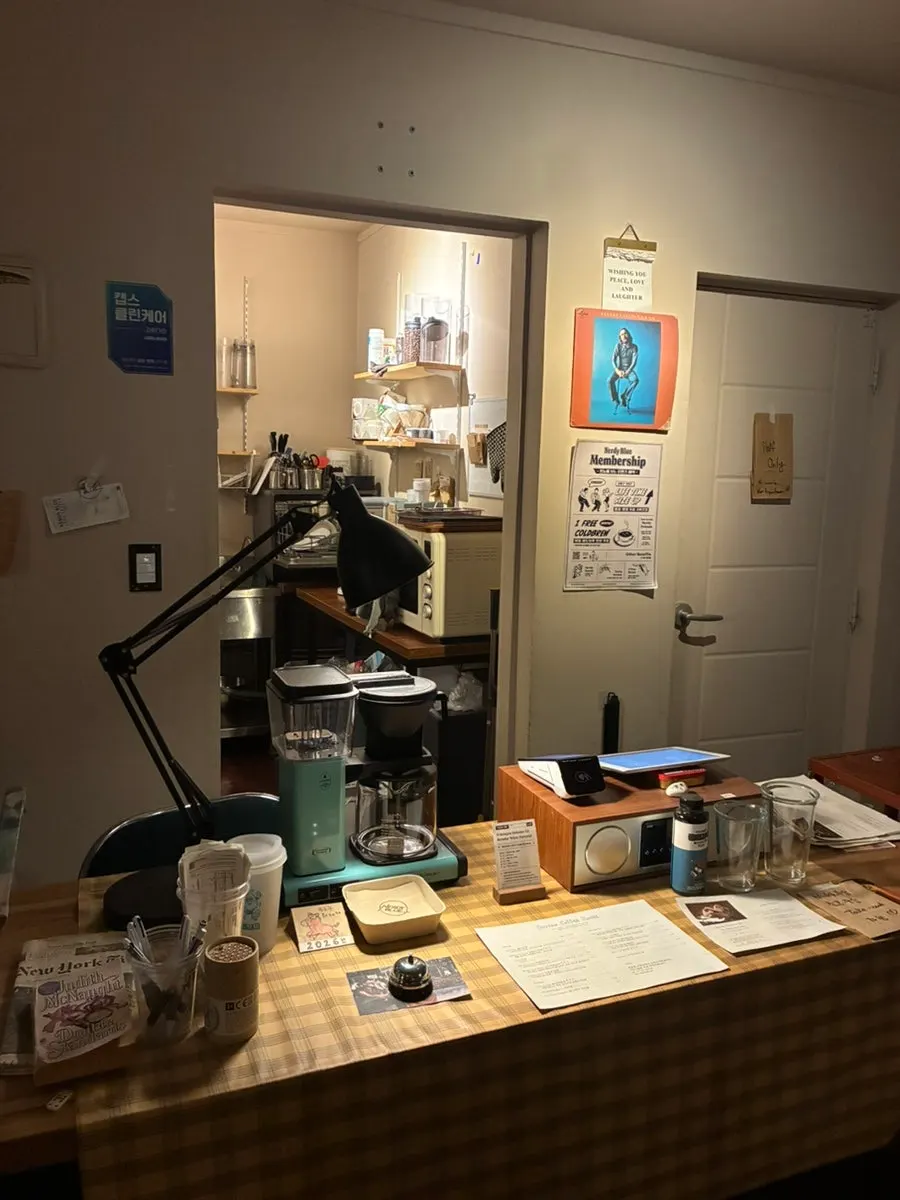 View of the café's dark-toned interior
