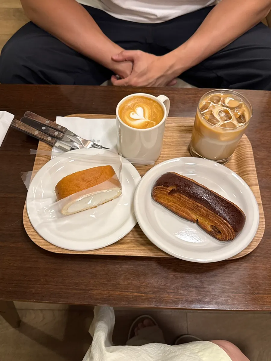 Dojima roll and pain au chocolat on the table