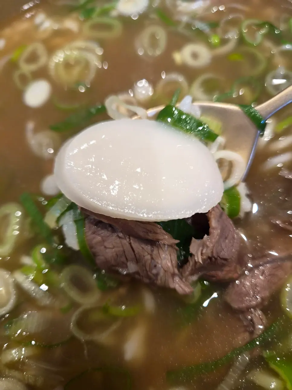 Korean beef and rice cake inside the gomtang