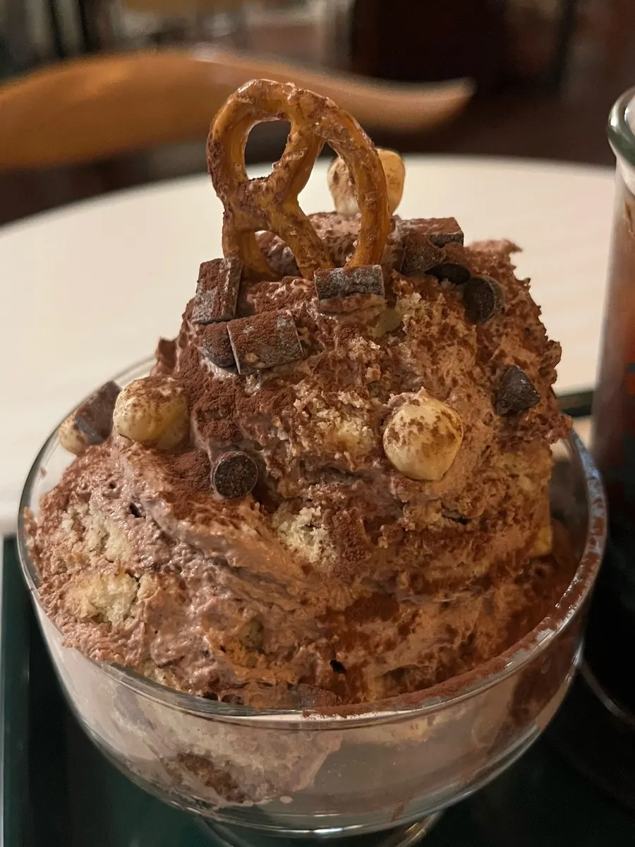 Hazelnut choco pudding topped with nuts and choco chips