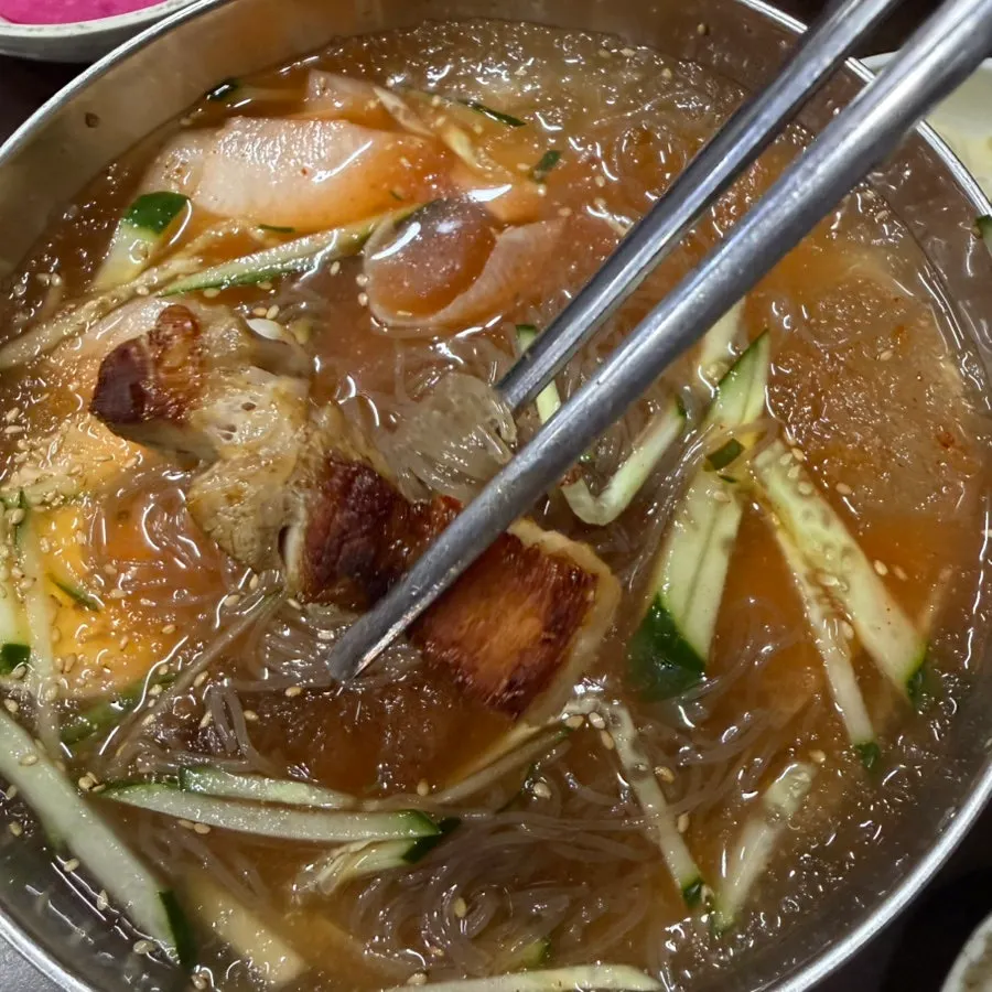 A bowl of cool water naengmyeon broth