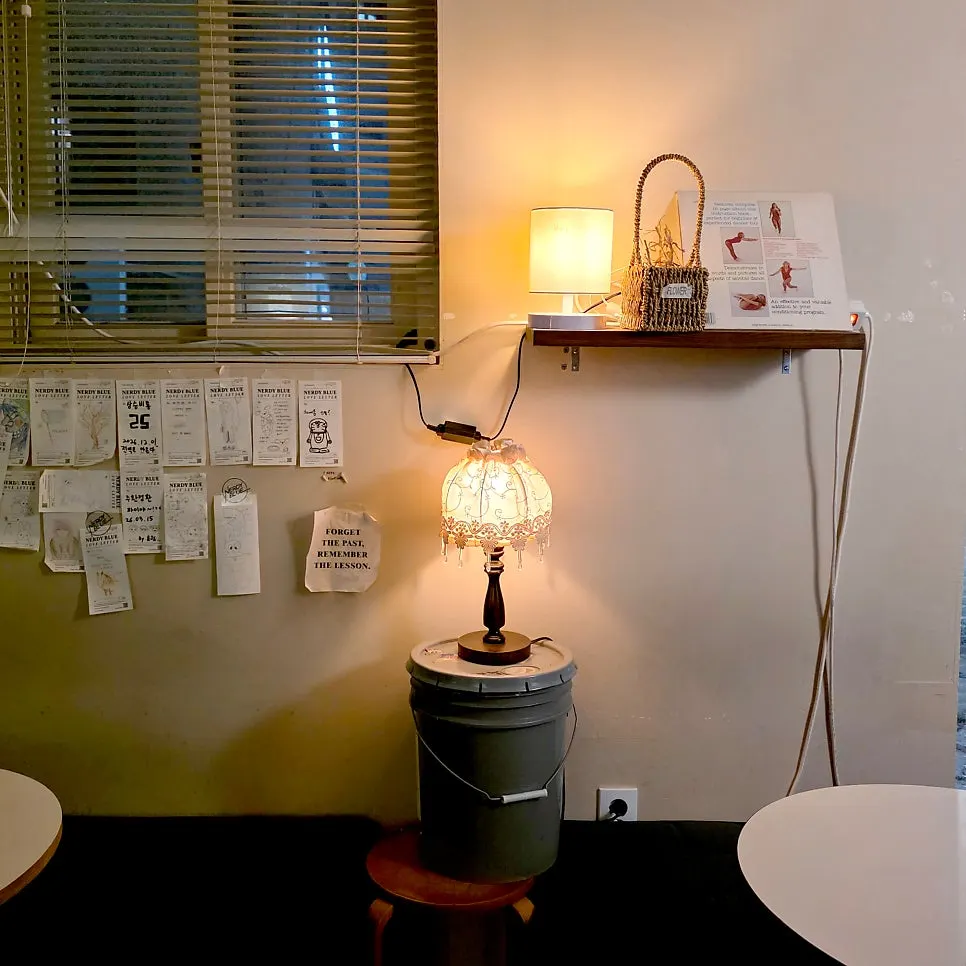 Handwritten paper stuck to the wall among lighting fixtures