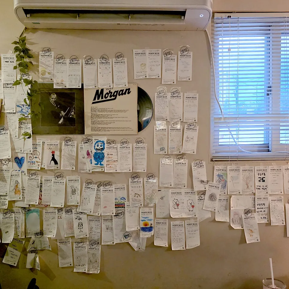 Interior wall decorated with magazines and visitors' writing