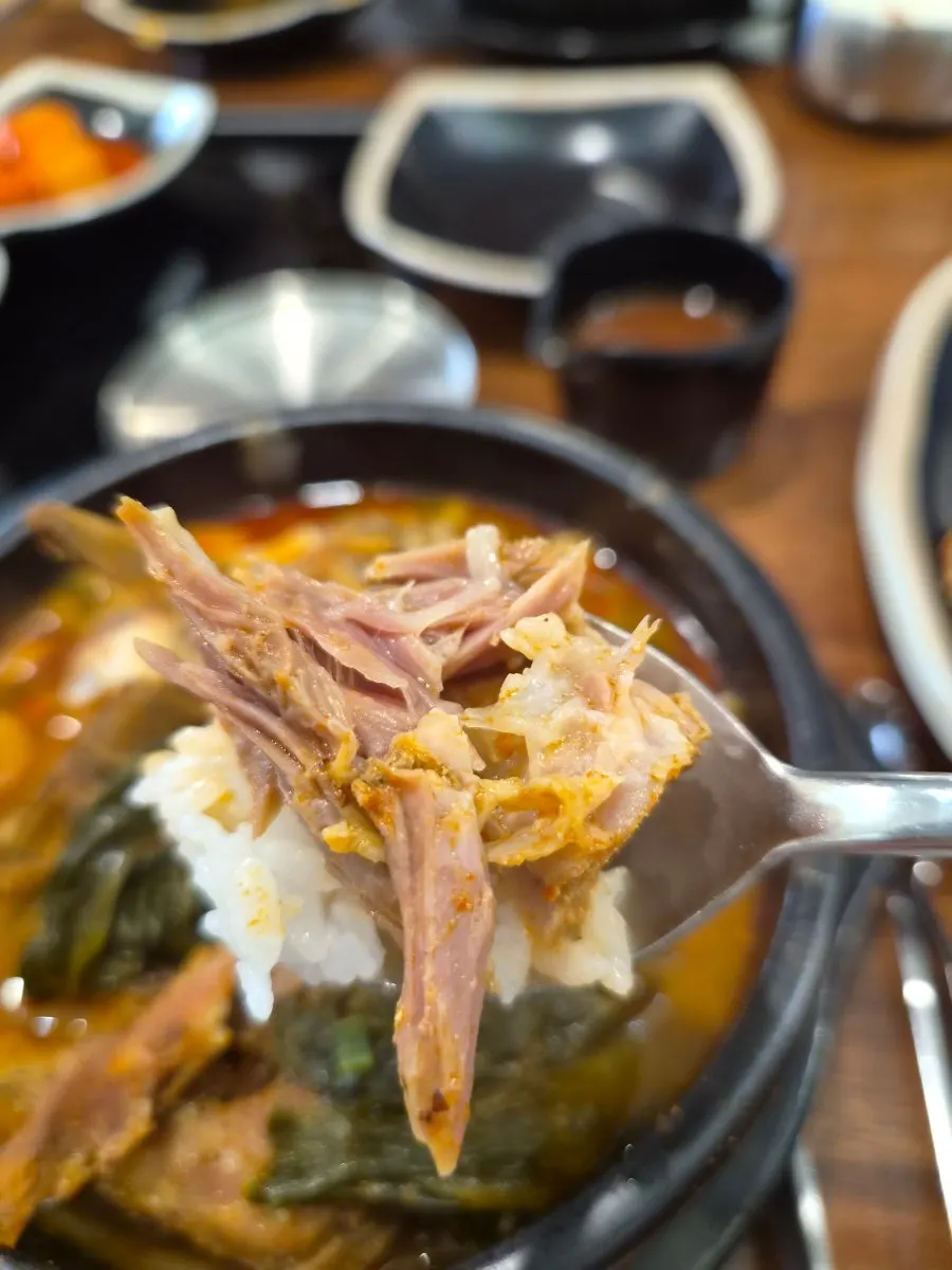 Meat pulled apart along its fibers with chopsticks