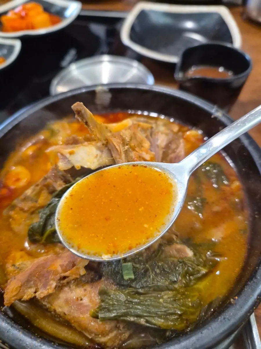 A spoonful of rice and meat soaked in the broth