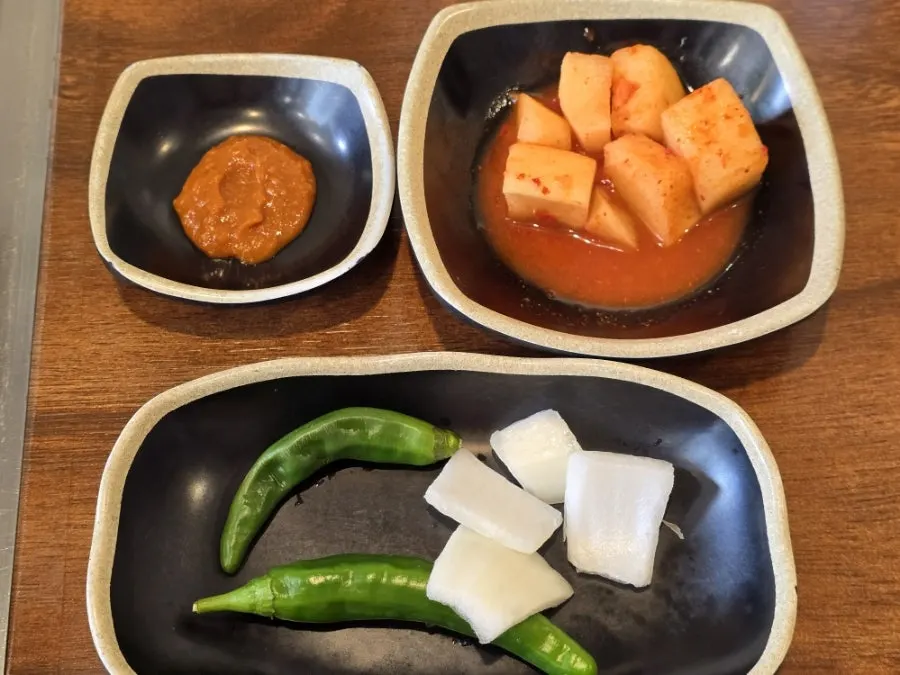 깍두기와 고추, 양파가 나온 밑반찬