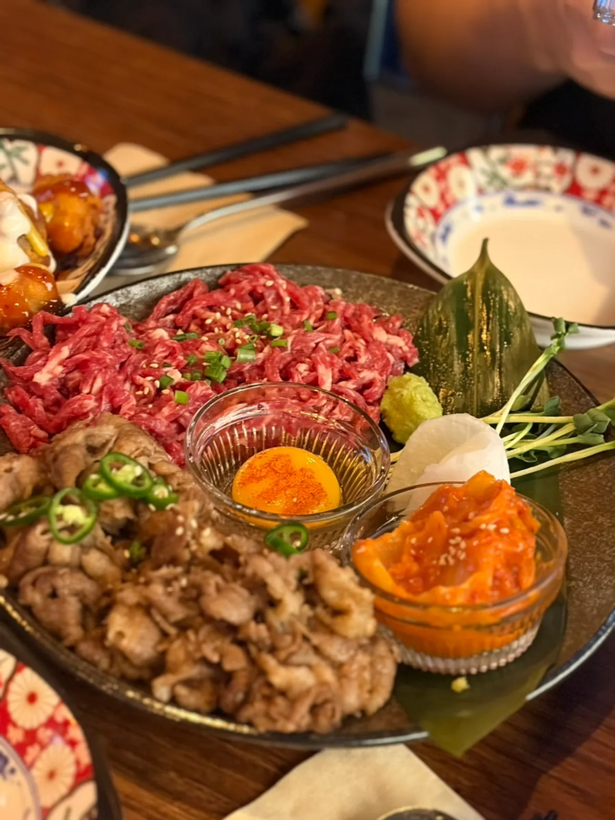 Table spread of the premium beef tartare with seared beef wrap at Wareureu Mansion Bangi Branch