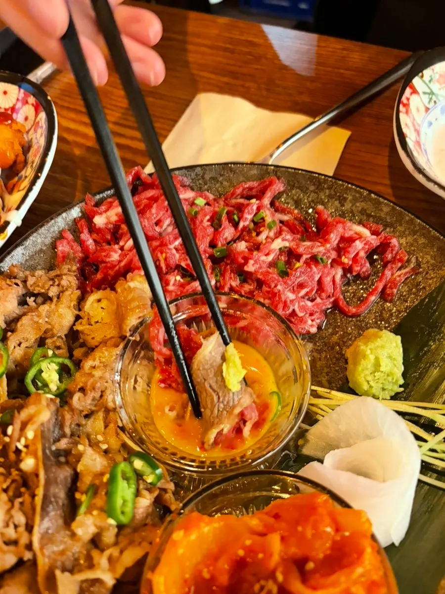Beef tartare with seared beef wrap served with wasabi and aged kimchi