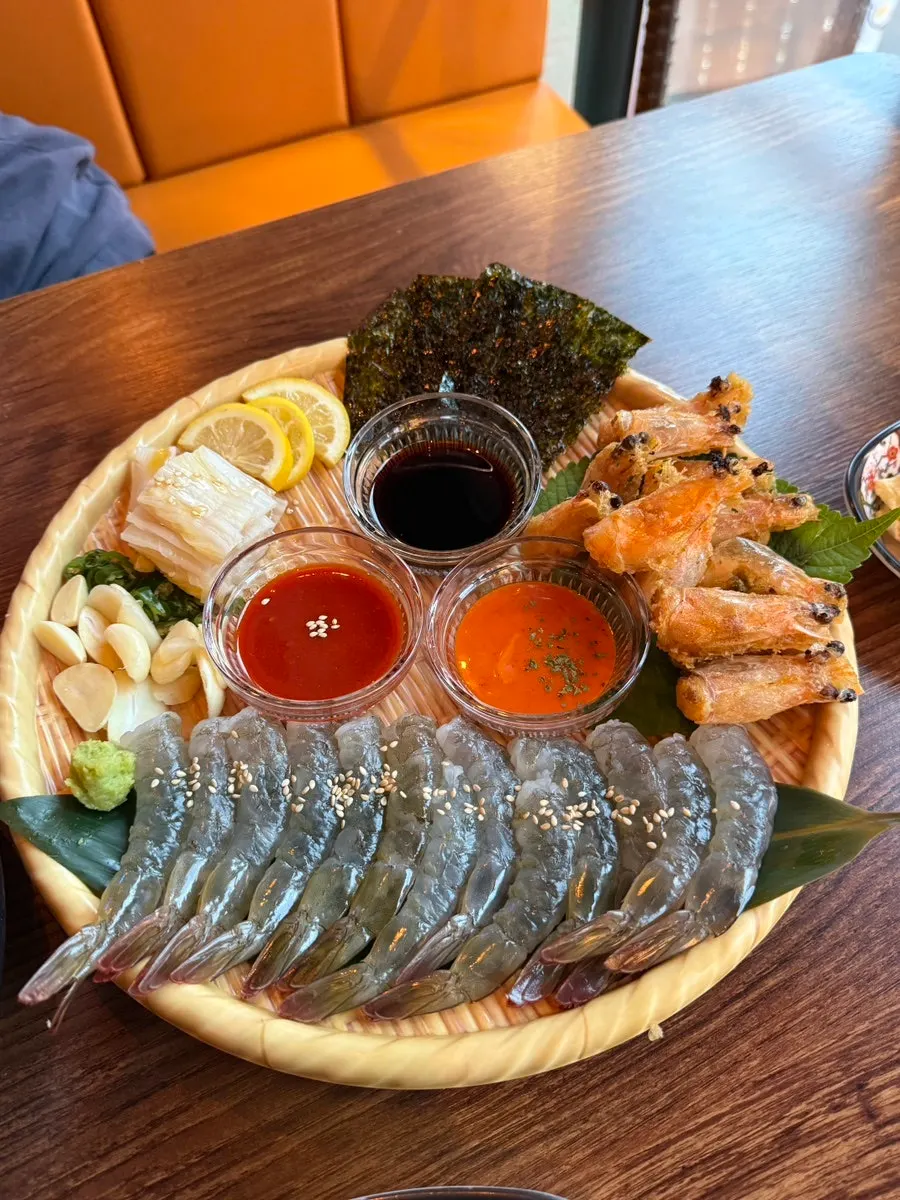 Close-up of raw shrimp sashimi made from same-day-caught Sinan shrimp