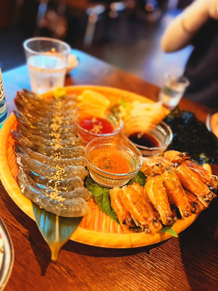 Close-up of plump, springy raw shrimp sashimi