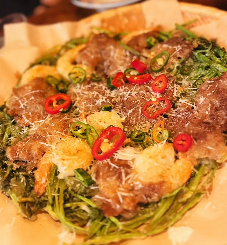 Beef brisket-shrimp minari pancake ordered as an extra dish