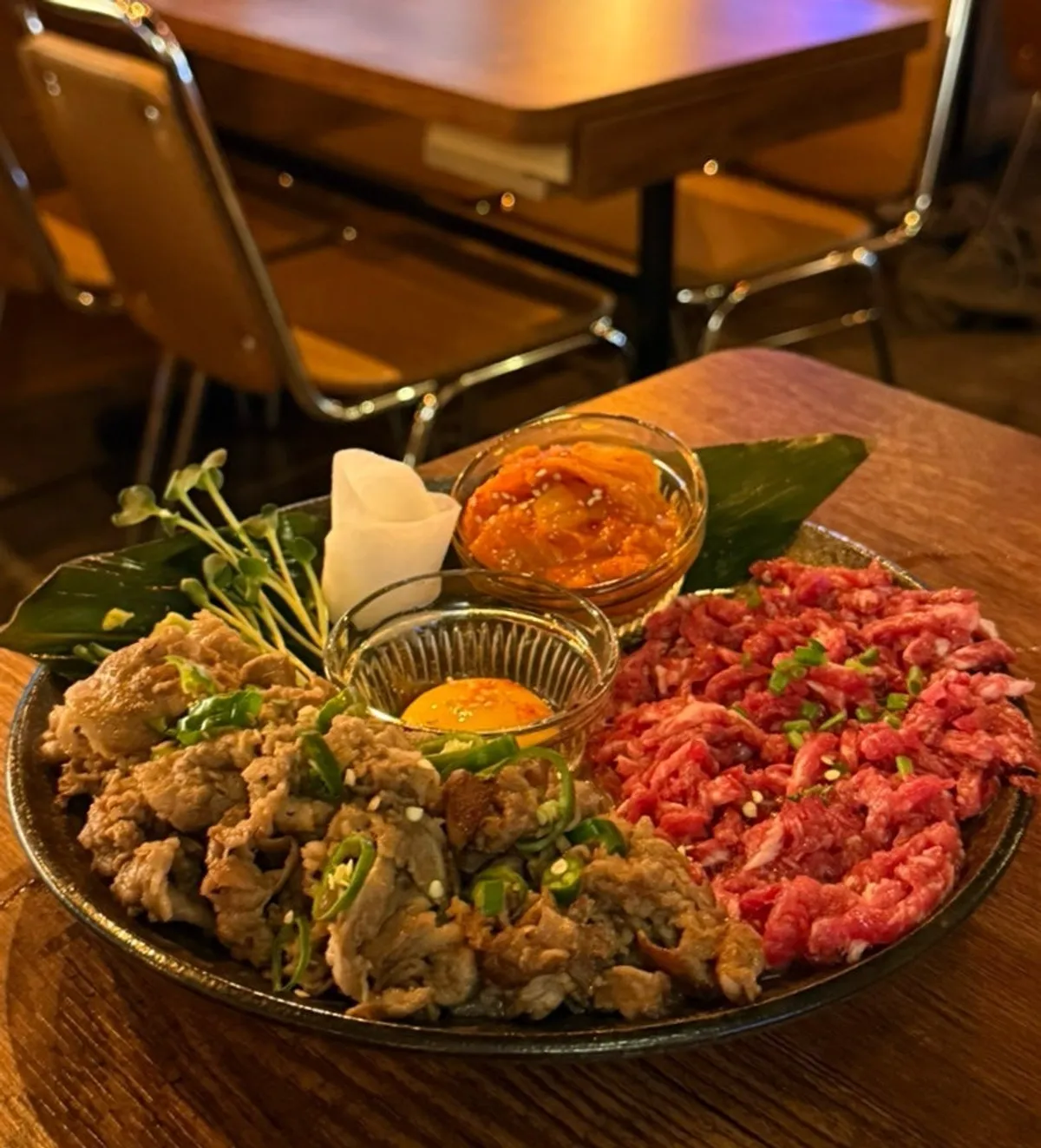 Close-up of the yukhoe and chadol in the beef wrap