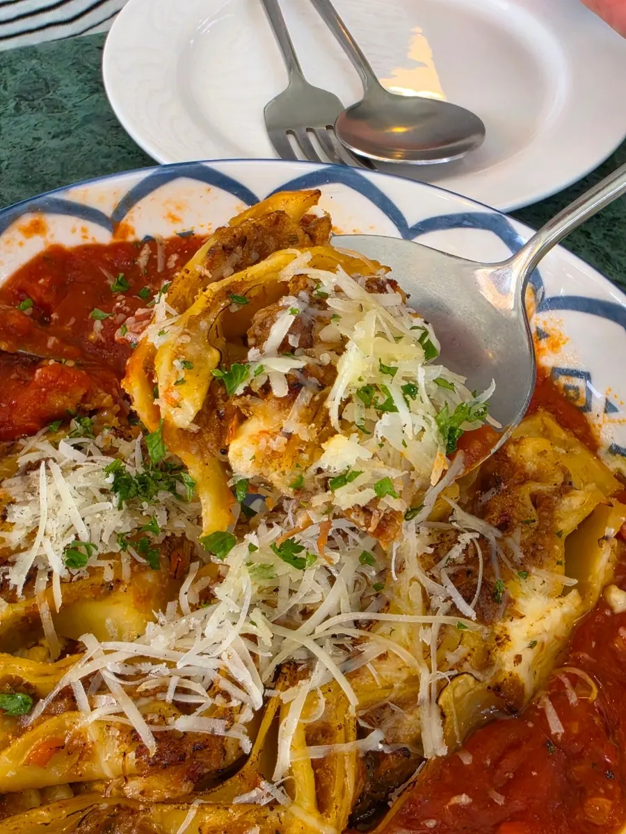 Cross-section of lasagna showing the ragu sauce