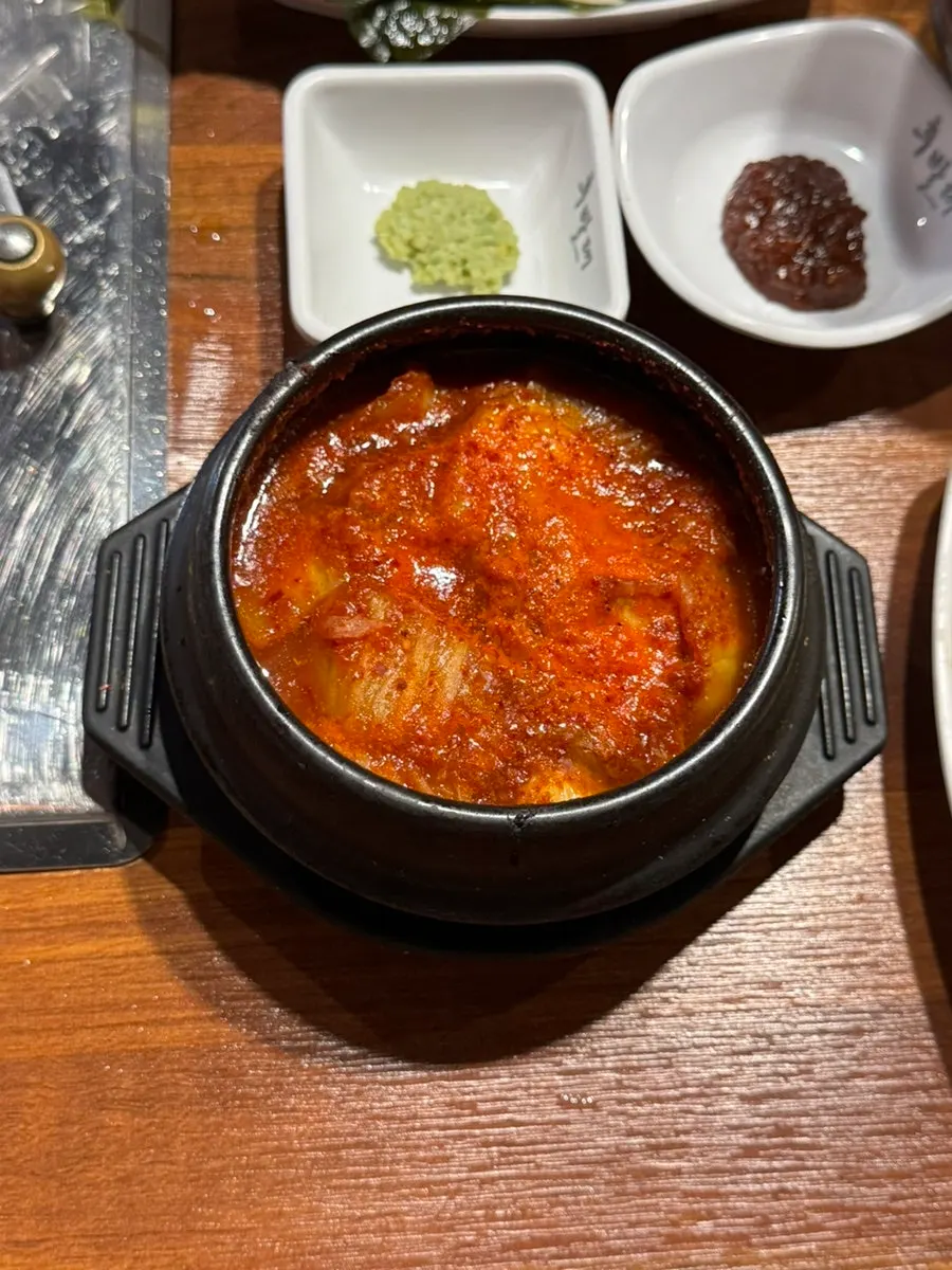 Sauce lineup with sesame oil sauce, wasabi, and ssamjang