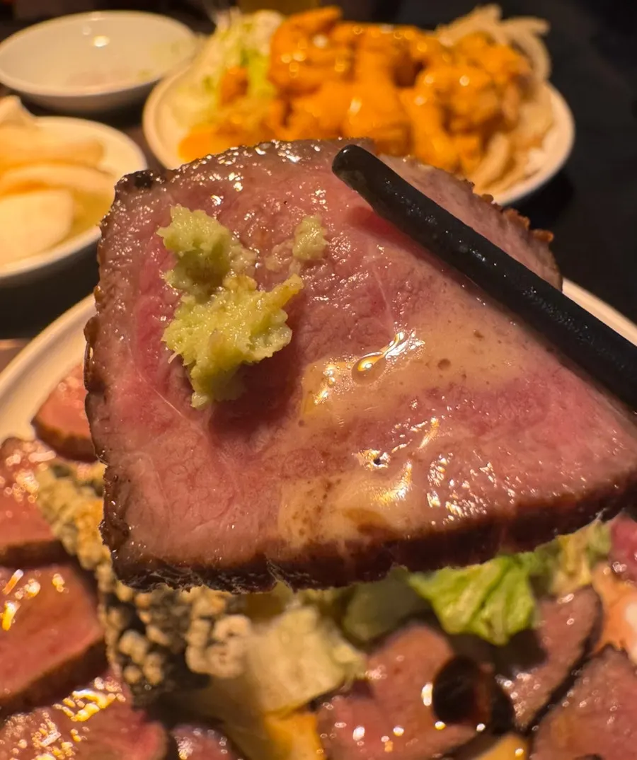 Close-up of hanwoo tadaki topped with wasabi