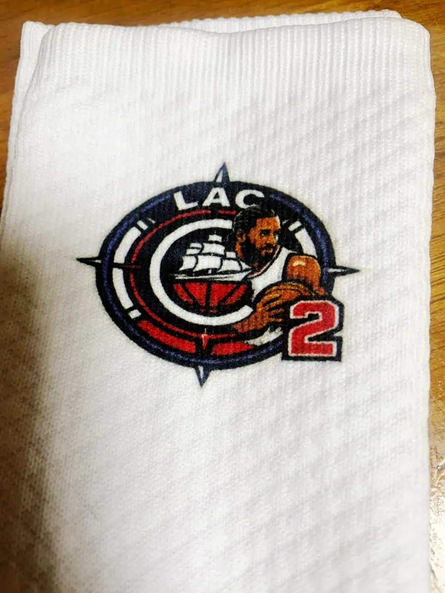 Basketball character logo on white custom socks