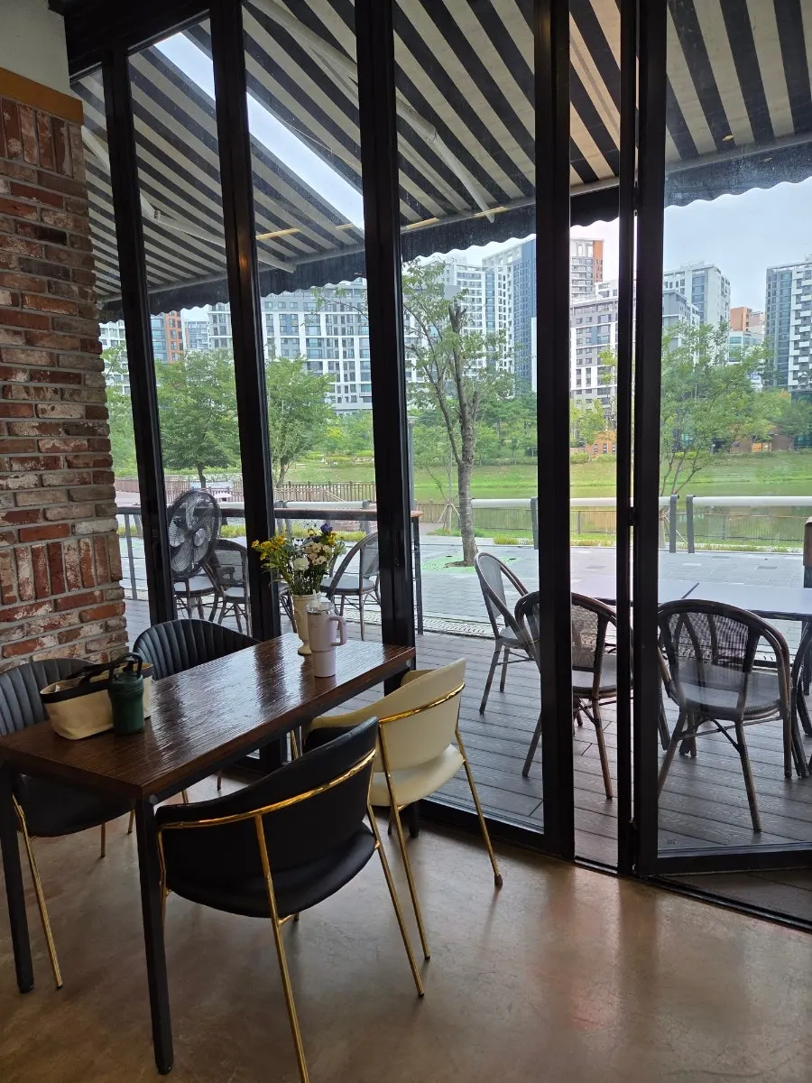 Indoor table with a lake view