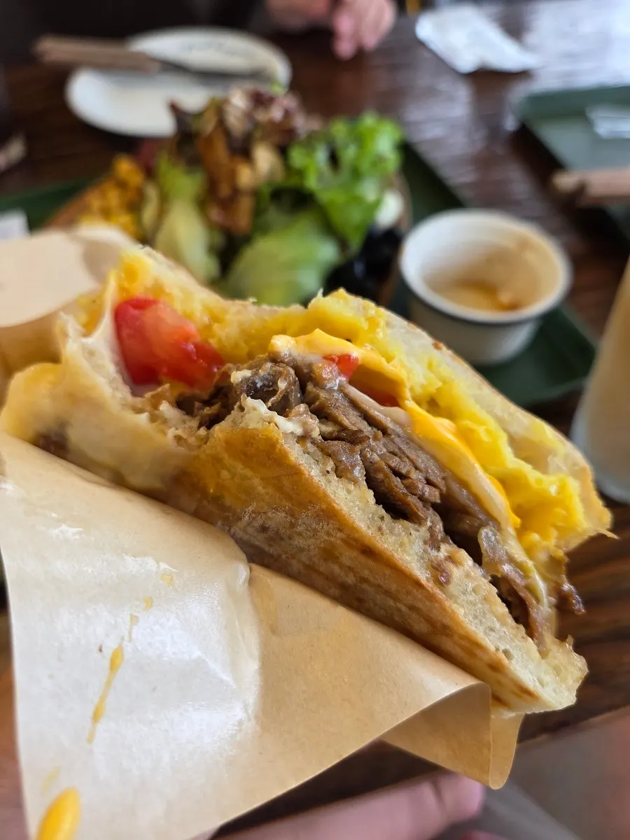 Cross-section of the panini showing the bulgogi filling