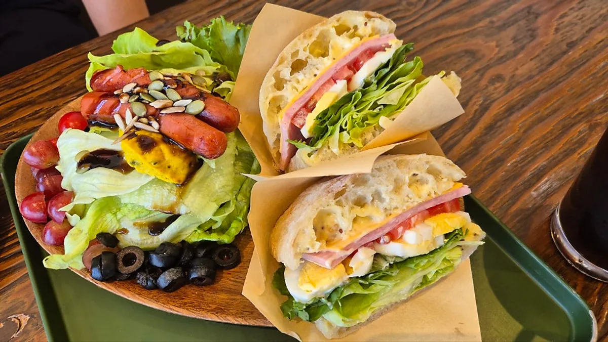 A full brunch spread on a wooden tray
