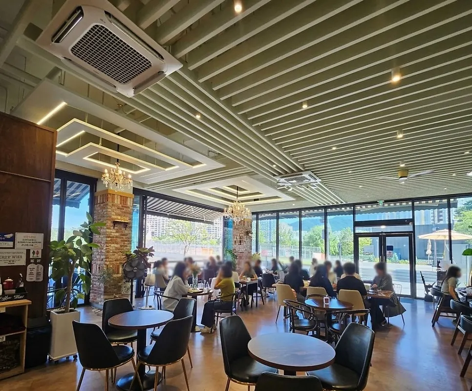 Sunlit café interior and terrace